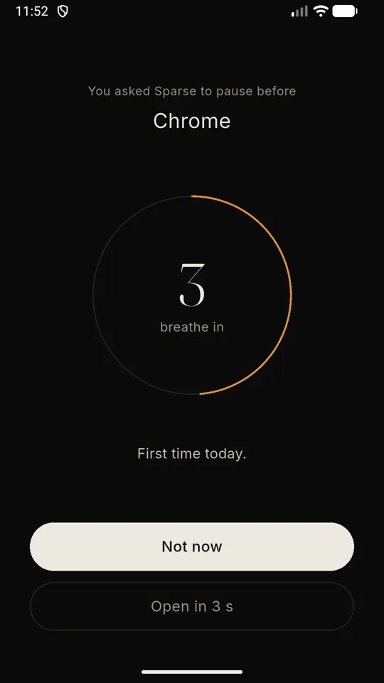 Pause screen: a countdown ring around the number 3, the words breathe in, and Not now and Open buttons