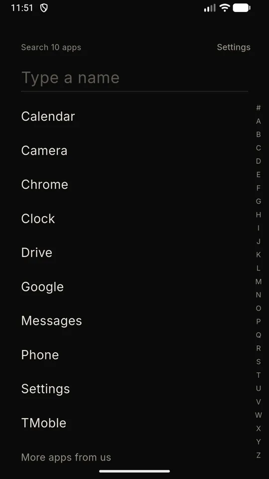 Sparse app list: every app as text with a search field and an A to Z rail